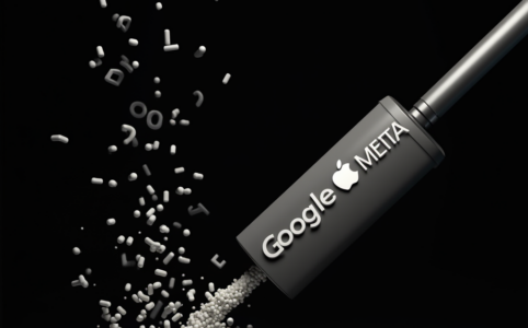 Staubsauger mit dem Namen Google und dem Apple Logo saugt Daten ein