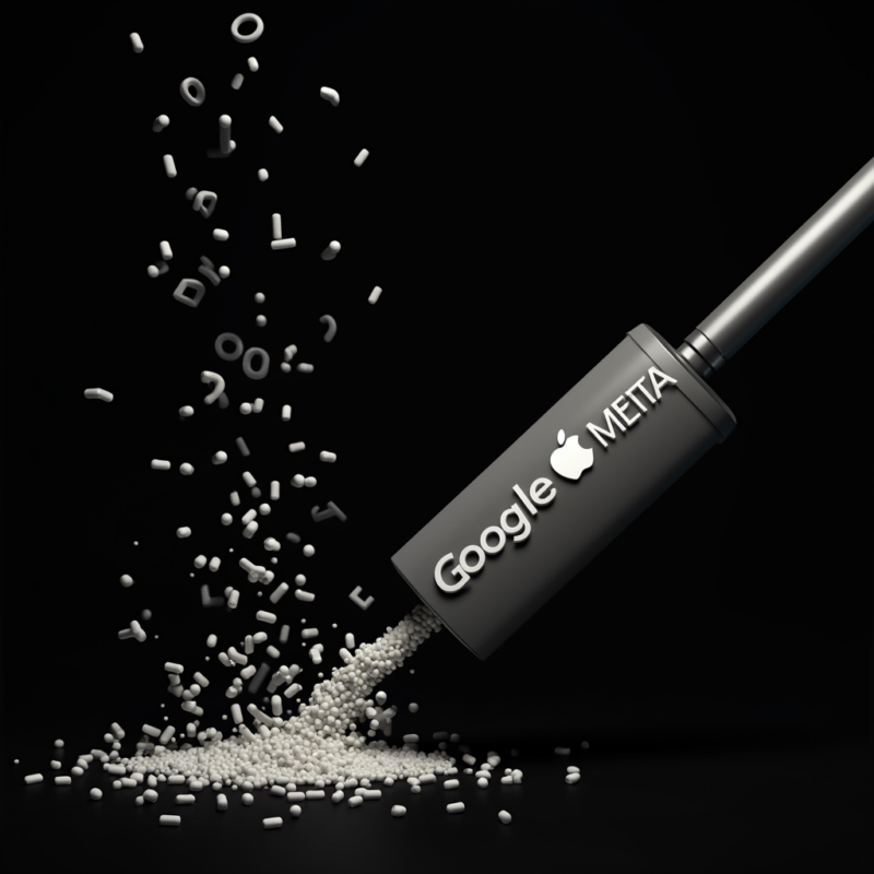 Staubsauger mit dem Namen Google und dem Apple Logo saugt Daten ein