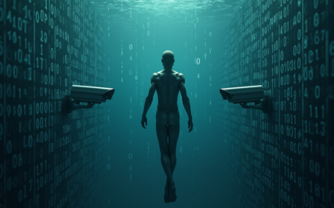 Ein Mann schwebt zwischen Sicherheitskameras und Bits und Bytes