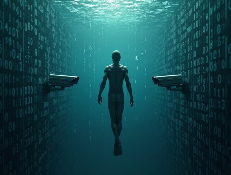 Ein Mann schwebt zwischen Sicherheitskameras und Bits und Bytes